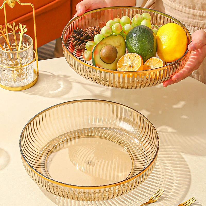 新款金边水果盘子高颜值简约时尚透明干果盒家用零食盘小吃收纳盘