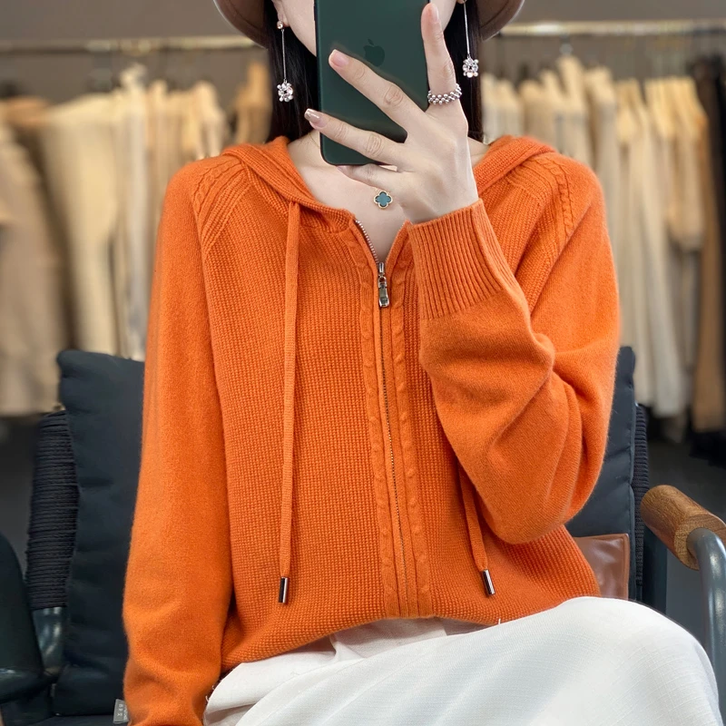 秋装外穿连帽开衫女短款针织外搭长袖纯色毛衣外套
