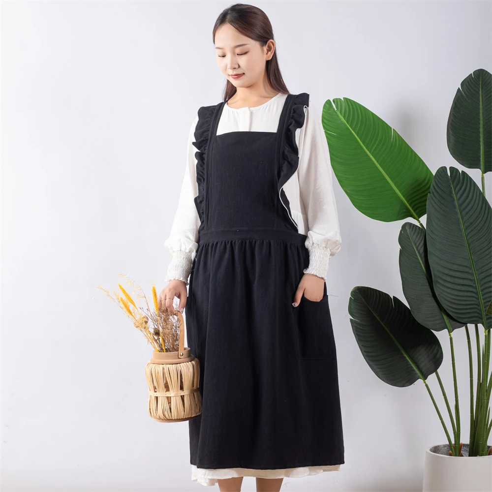 棉麻家用围裙罩衣防污长身加肥宽松花艺茶馆工作服可外穿文艺风
