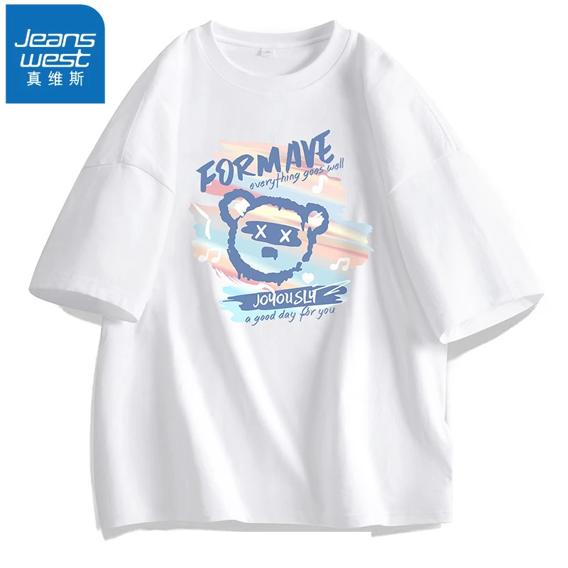 真维斯新款100棉圆领夏季女士短袖t恤情侣彩虹熊印花打底衫学生