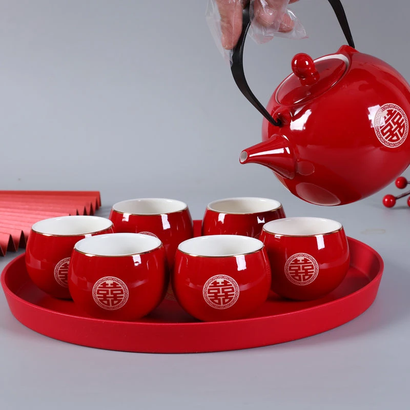 结婚茶具红色茶壶家用泡茶婚礼酒具茶具陶瓷陪嫁必备品