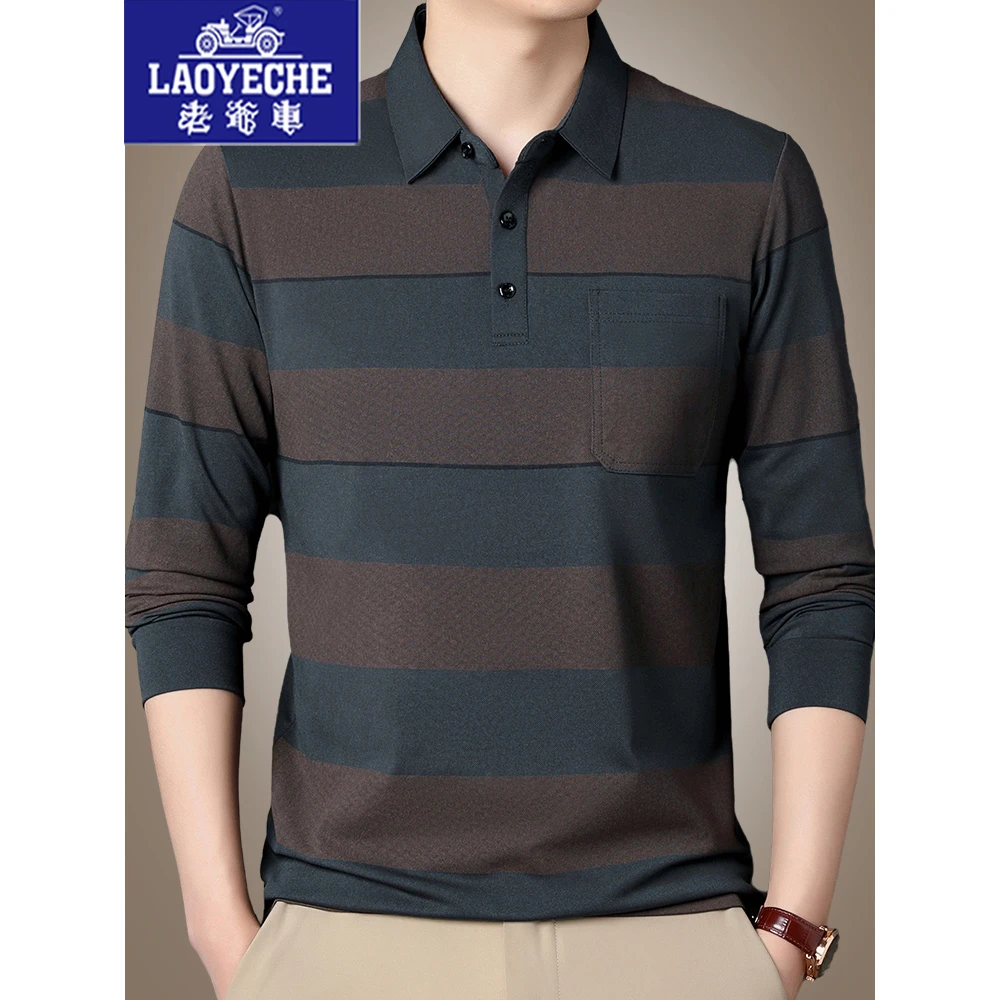 老爷车春秋新款男士长袖T恤休闲薄款翻领POLO衫宽松打底条纹上衣