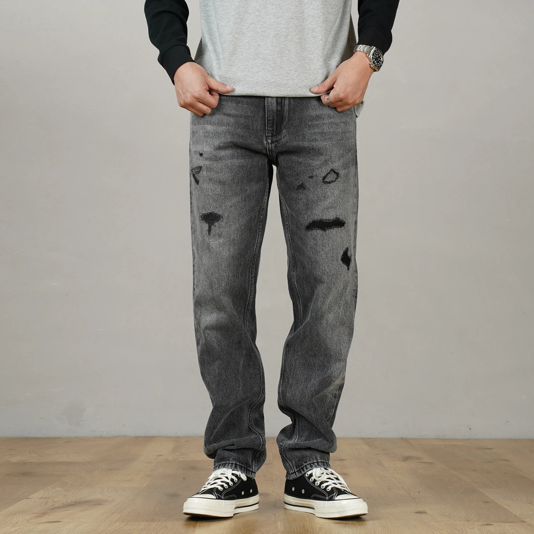 DIPAI/底牌【断码清】秋冬厚款复古百搭破洞补丁宽松直筒黑色牛仔裤