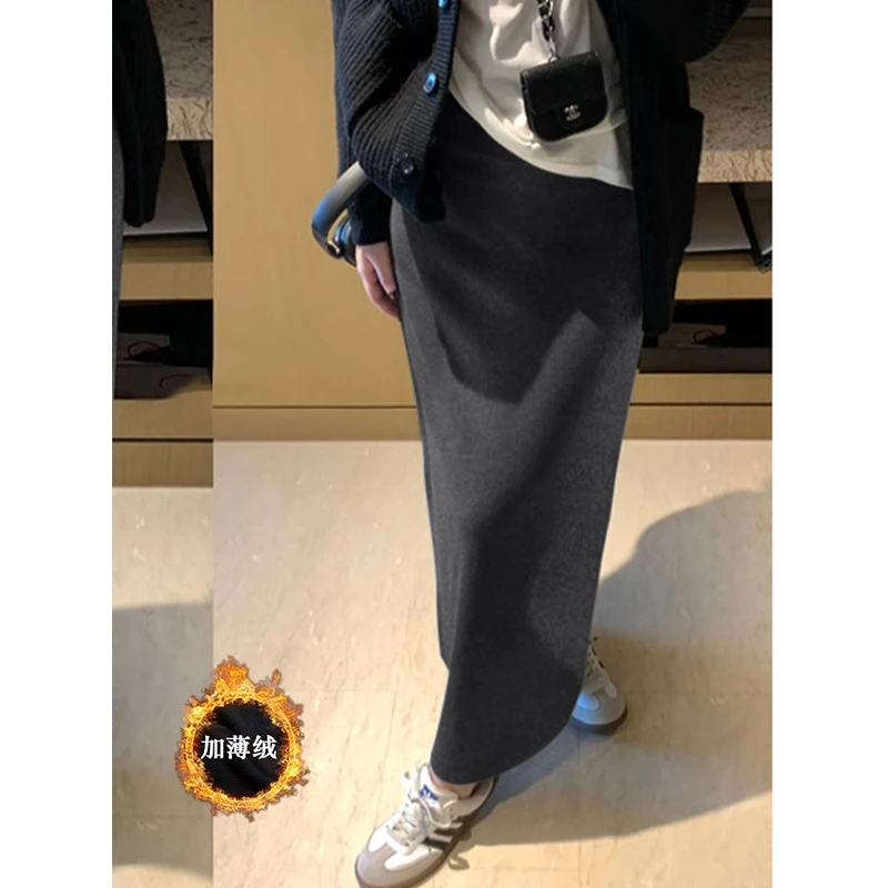 复古深灰软糯半身裙女秋冬季加薄绒百搭高腰休闲中长款a字长裙子