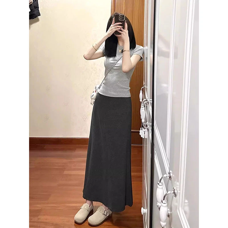 轻欧深灰色复古半身裙女春夏秋季新款高腰显瘦休闲百搭a字长裙子