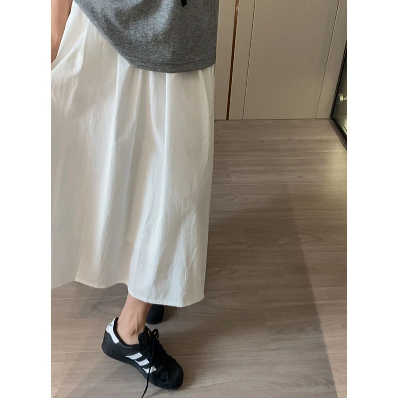 日系白色高腰半身裙女夏夏季新款大裙摆垂坠中长款伞裙a字长裙子