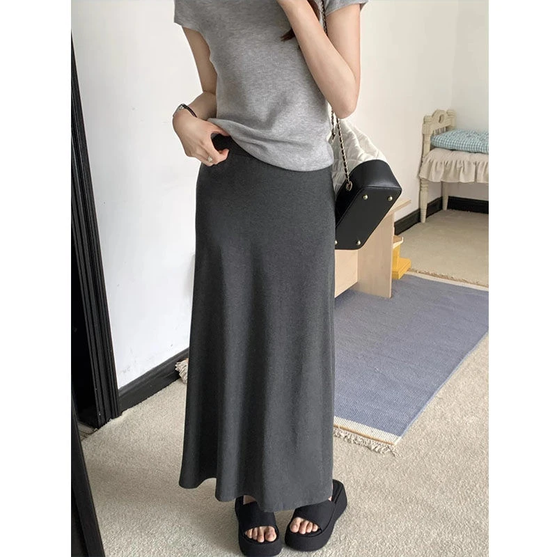 深灰色半身裙女夏季新款高腰显瘦垂感中长款包臀a字裙长裙遮腿粗