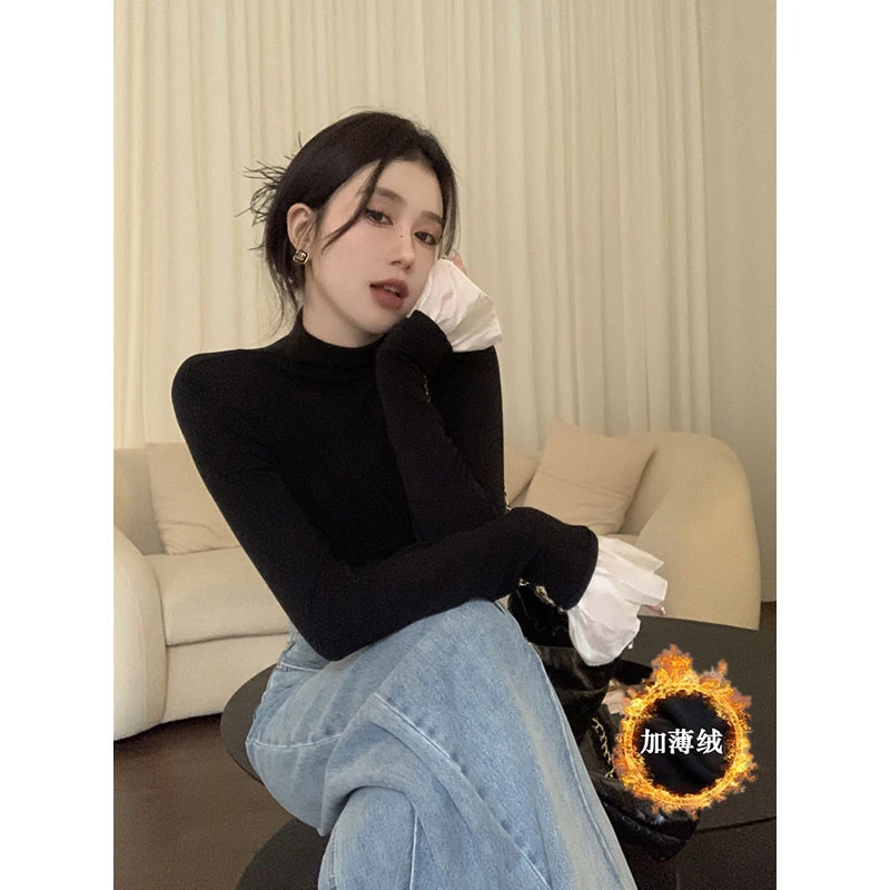 黑色高领长袖t恤女秋冬新款加绒保暖内搭打底衫修身显瘦洋气上衣