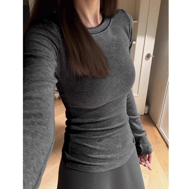 韩系圆领正肩长袖t恤女秋冬德绒磨毛加厚内搭打底衫修身收腰上衣