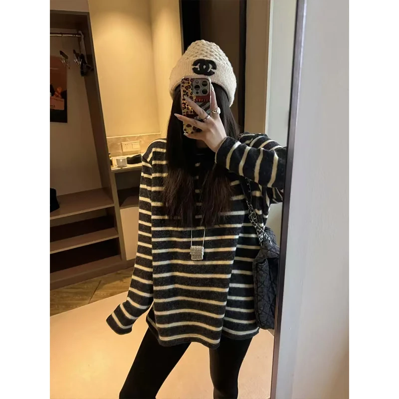 软糯糯米条纹长袖t恤女秋冬季新款百搭圆领宽松慵懒风中长款上衣