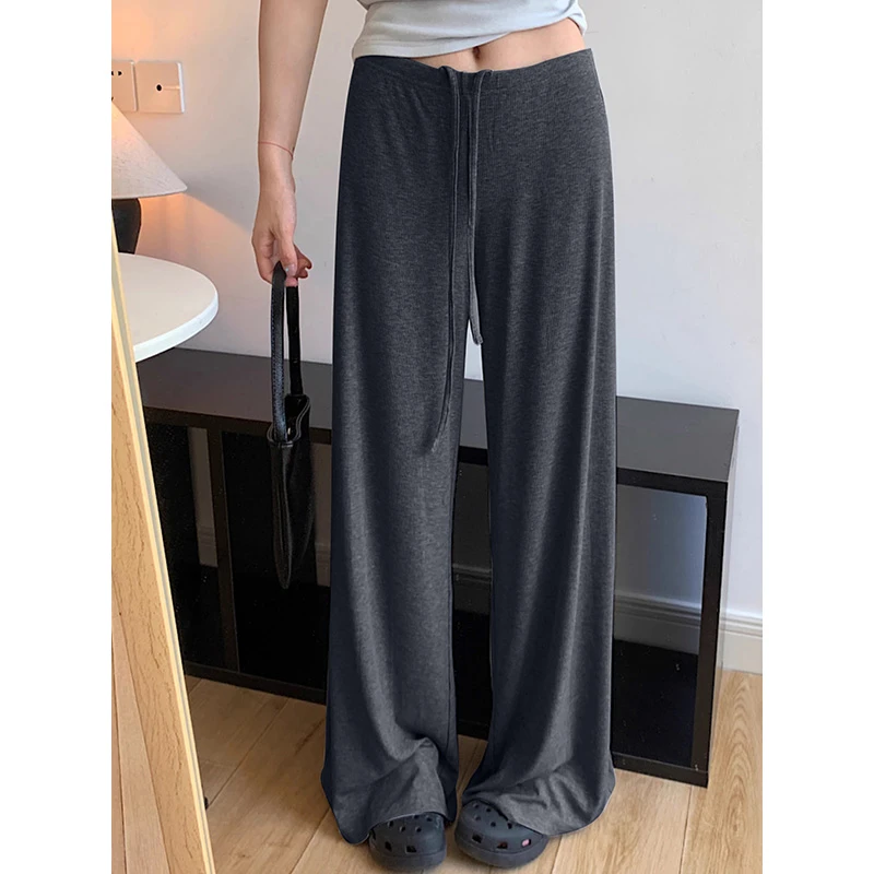 抖抖裤深灰色松紧腰抽绳阔腿裤女春秋薄款宽松显瘦休闲直筒长裤子