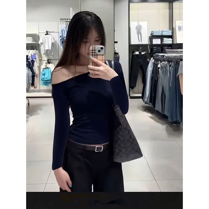 纯欲辣妹斜肩长袖修身t恤女早秋新款设计感别致独特绝美露肩上衣