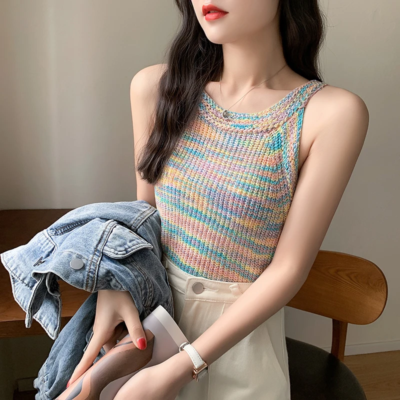 【TAO·彩虹甜心】2023韩款彩虹吊带背心百搭显瘦心机漏锁骨挂脖