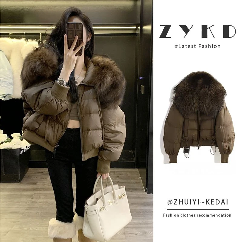 冬季时尚咖啡色棉服外套女2023新款加绒加厚短款宽松型棉袄面包服