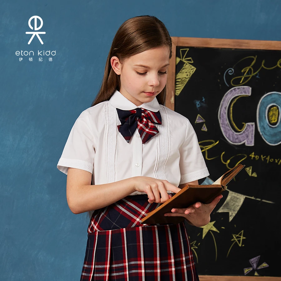 Z伊顿纪德学院童装中大童女孩蕾丝衬衣女童白色短袖衬衫09C229