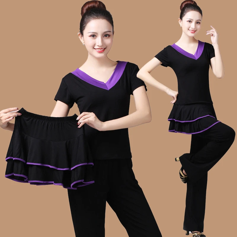 短袖广场舞服装新款上衣裙裤子套装莫代尔三件套中老年演出跳舞服