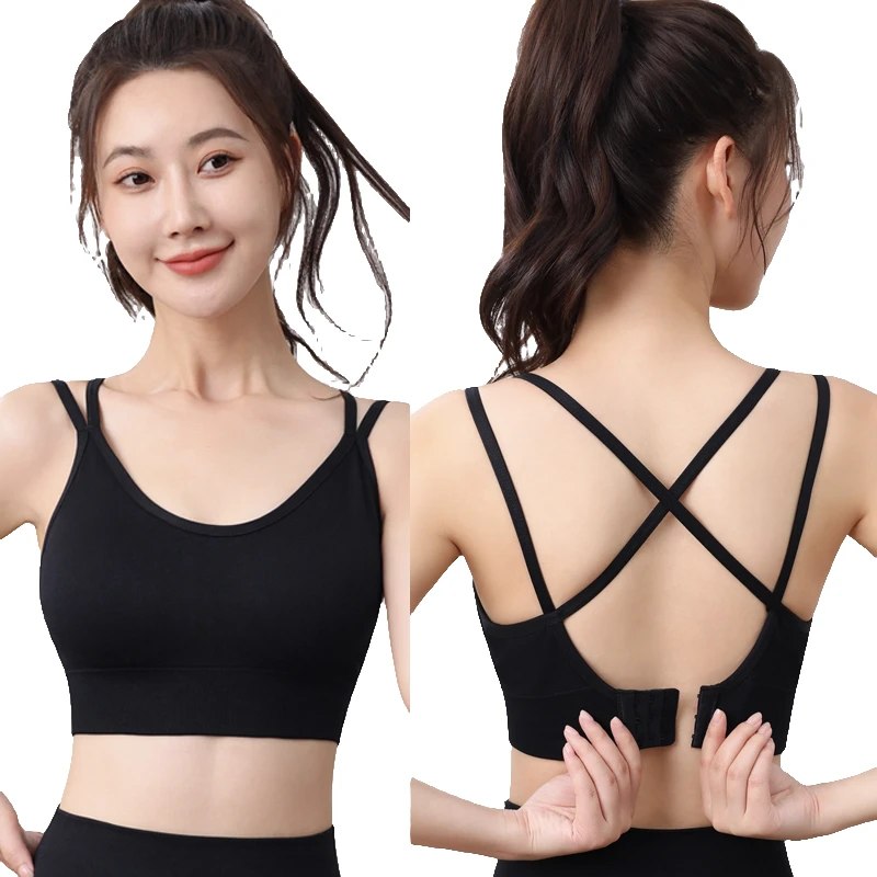 细带交叉女士瑜伽运动内衣防震跑步健身运动一体式固定杯外穿文胸