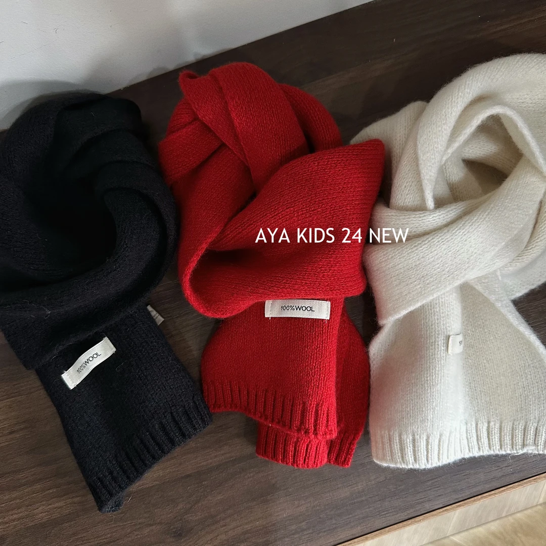 100羊毛儿童围巾简约纯色百搭针织围脖男女童冬季亲肤软糯更保暖