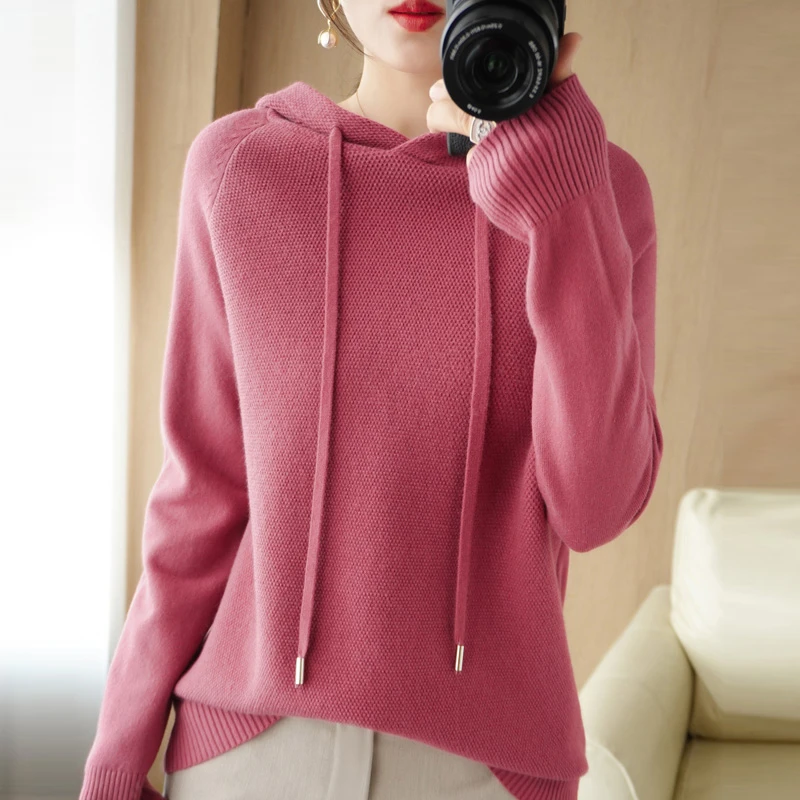 上新纯色针织帽衫韩版宽松版大码针织毛衣上衣秋冬新款女装N052