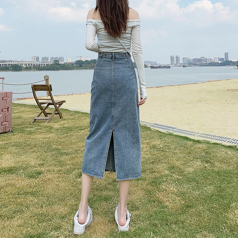 开叉牛仔半身裙女中长款2023夏季新款薄款高腰a字小个子包臀长裙