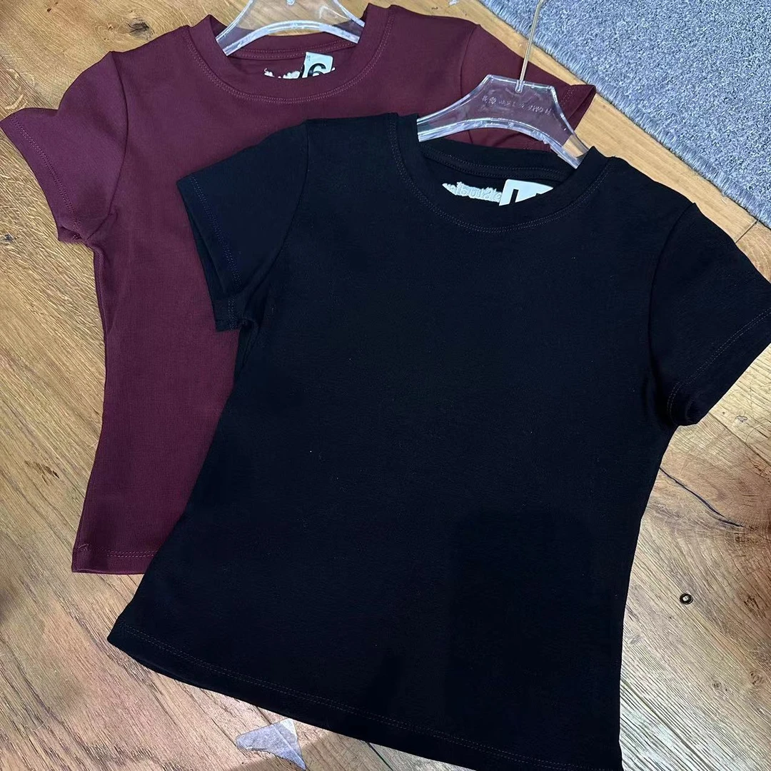 秋冬新款上衣休闲时尚百搭女装上衣简约显瘦圆领纯色短袖紧身T 恤