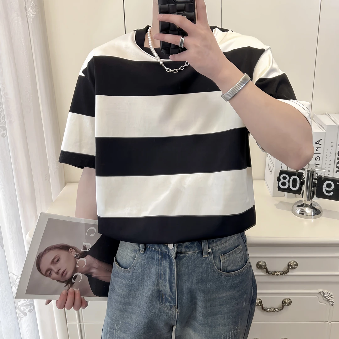 圆领T恤男黑白条纹撞色简约大方宽松舒适上衣2024新款夏季短袖男