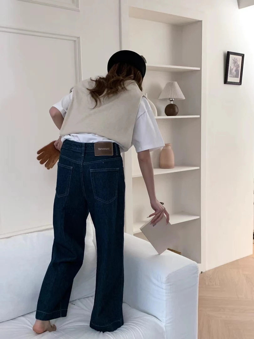 UM3687韩系明线窄版阔腿裤无弹牛仔裤2024秋季新款牛仔裤百搭