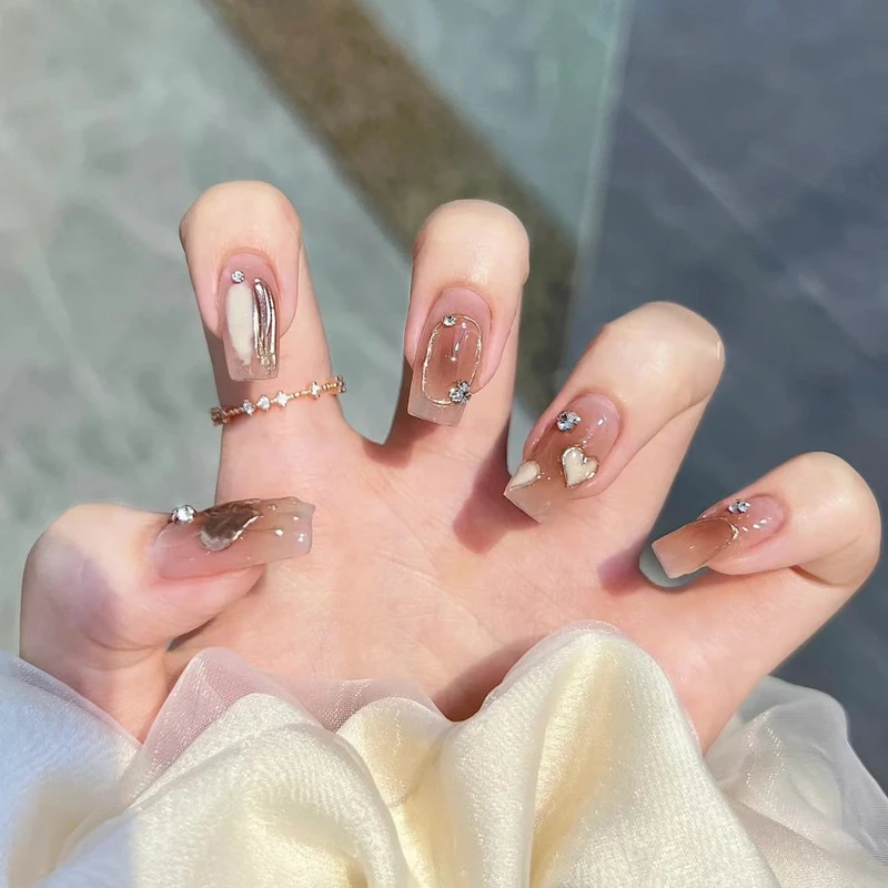 【慕珊.鎏金】手工穿戴甲奶油爱心焦糖晕染鎏金琥珀