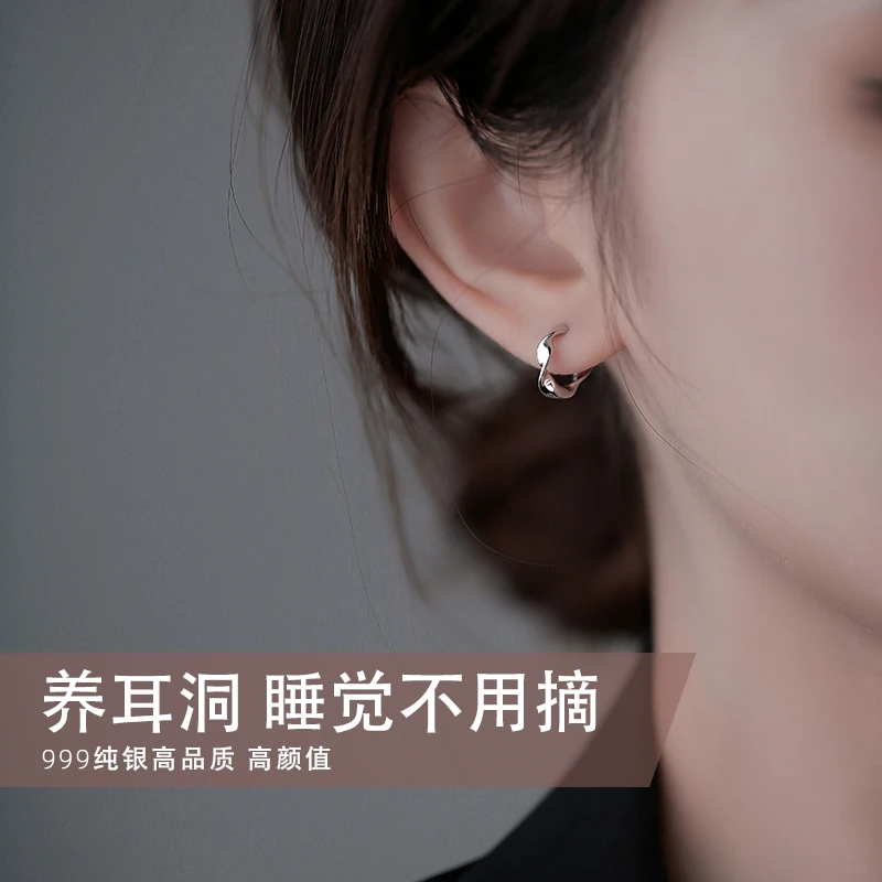 足银耳饰 999纯银养耳洞耳钉女素圈小耳环睡觉不用摘耳圈耳扣简约
