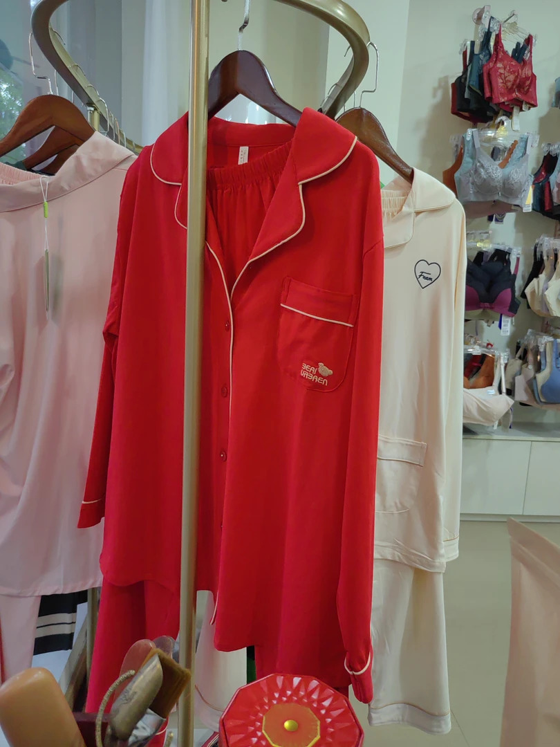 睡衣睡衣女套装男士时尚休闲秋季秋冬薄款红色长袖春秋翻领宽松