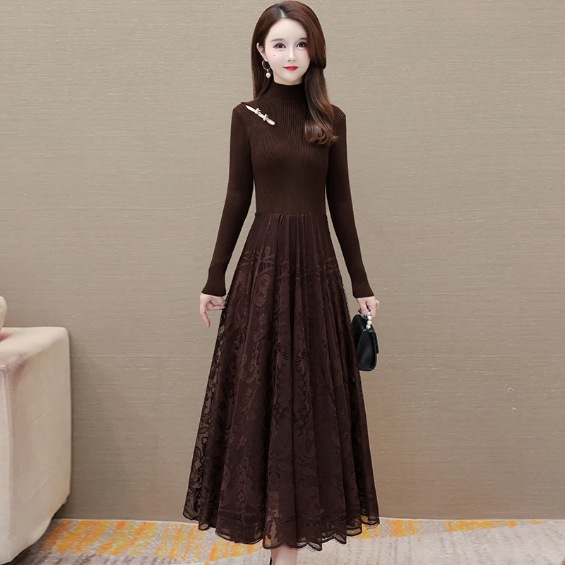 时尚洋气质高端精致蕾丝连衣裙女2025年冬季新款遮肚显瘦打底裙子