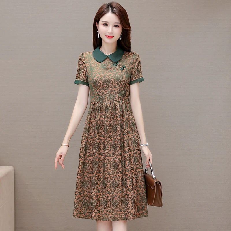 女士高档连衣裙2025年夏季新款高端洋气娃娃领印花中长款裙子