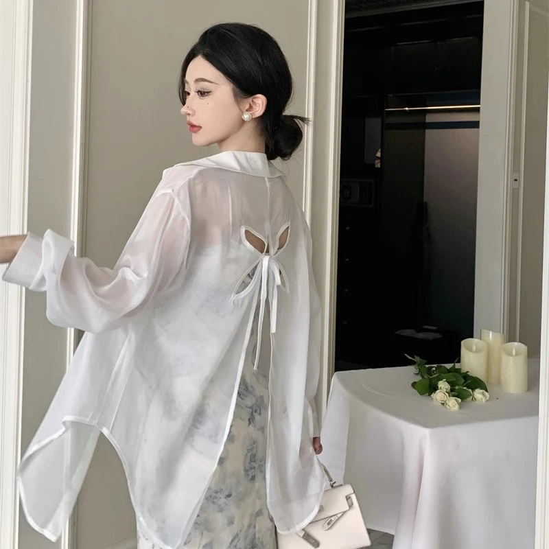 白色后背镂空蝴蝶防晒衬衫外套女夏季薄款吊带裙外搭上衣衬衣开衫