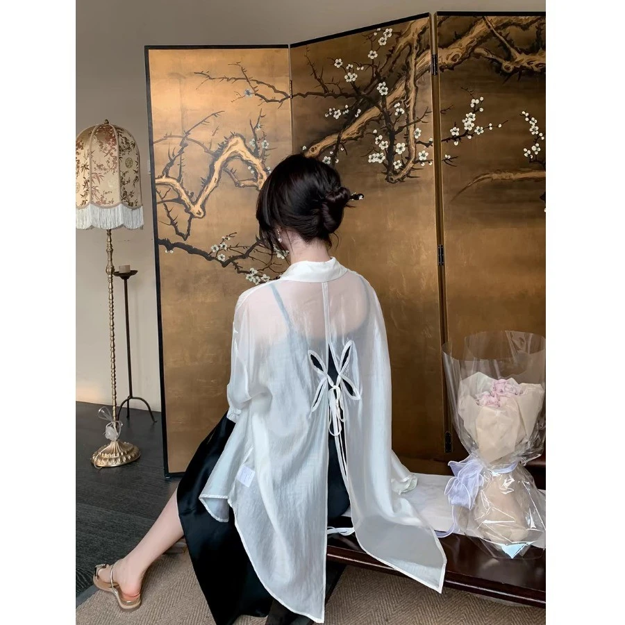 轻薄防晒衣女夏季设计感小众后背镂空蝴蝶结透气雪纺防晒衬衫外套