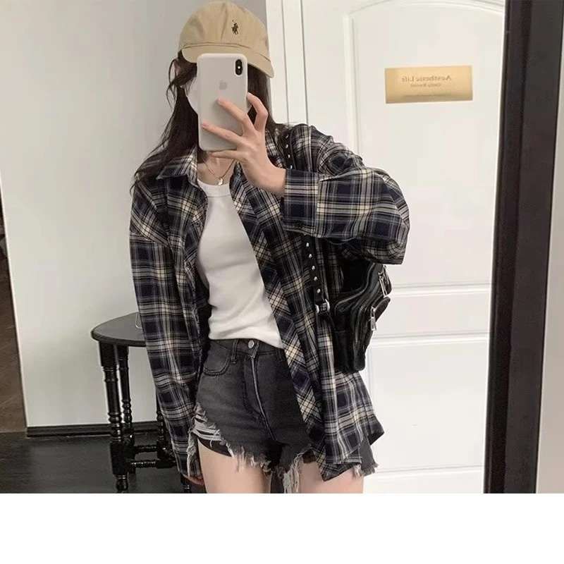 美式复古格子长袖衬衫女春秋新款设计感小众宽松防晒衬衣外套