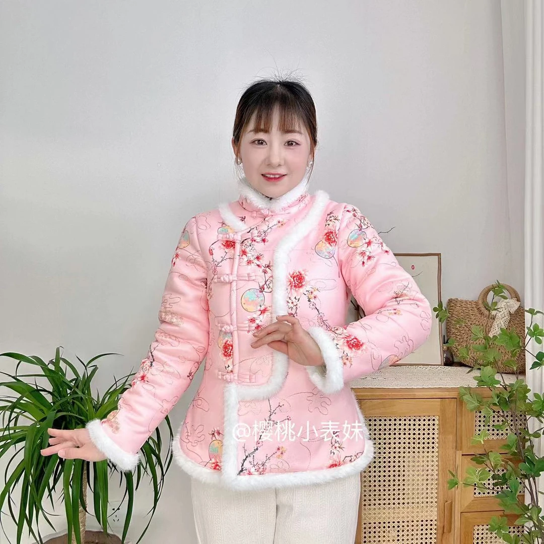 国风小花袄复古偏襟棉袄棉服加绒加厚中式小花袄纯手工盘扣绣花