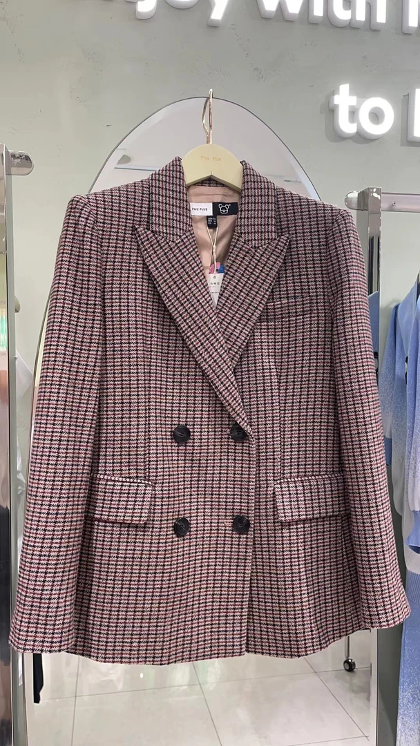 百搭短款排扣修身复古格子西装