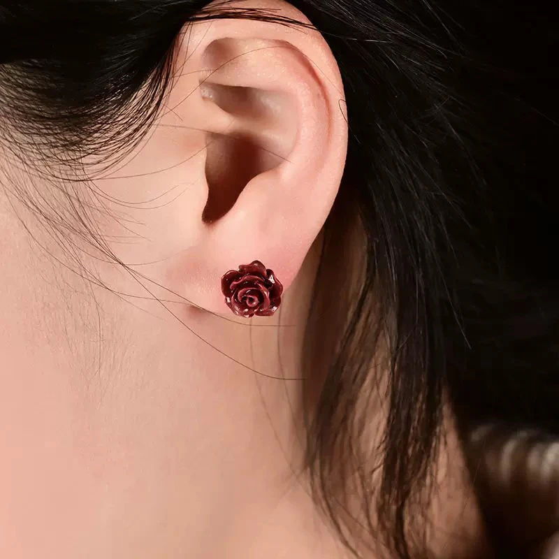 天然辰砂紫金砂朱砂玫瑰耳钉女士真品s925纯银花耳饰女