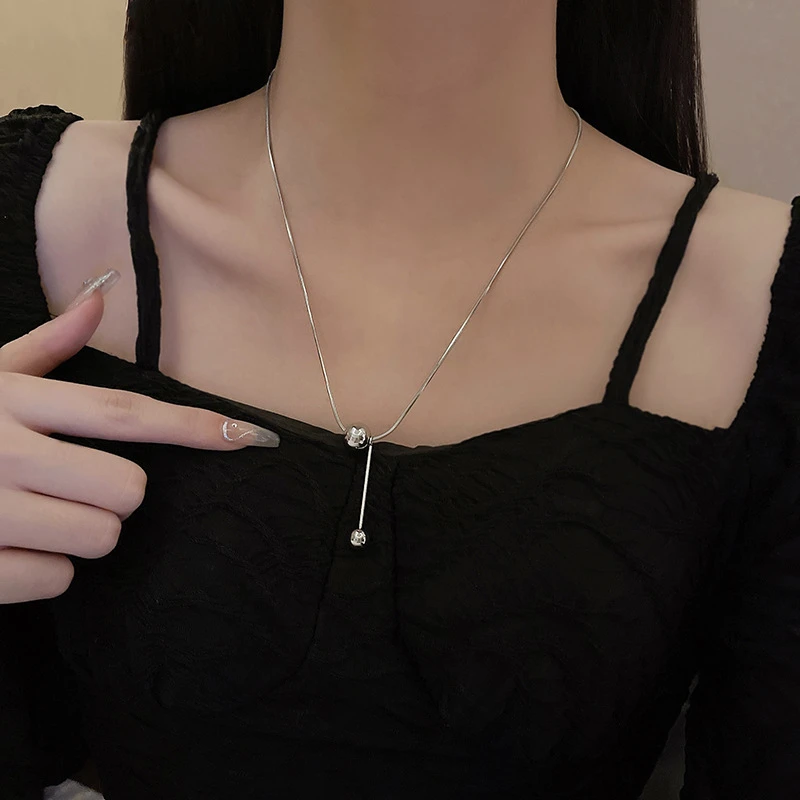 钛钢项链 简约圆珠吊坠项链女冷淡风格颈链ins风复古锁骨链