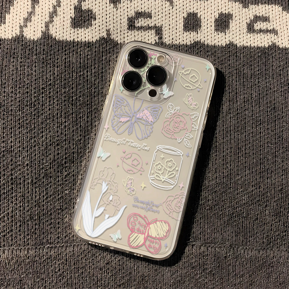 线条蝴蝶苹果小米oppo三星vivo华为一加透明壳iPhone15手机壳