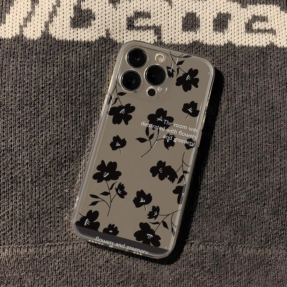 SH黑色小花713苹果14promax透明iphone13手机壳15全包12软11