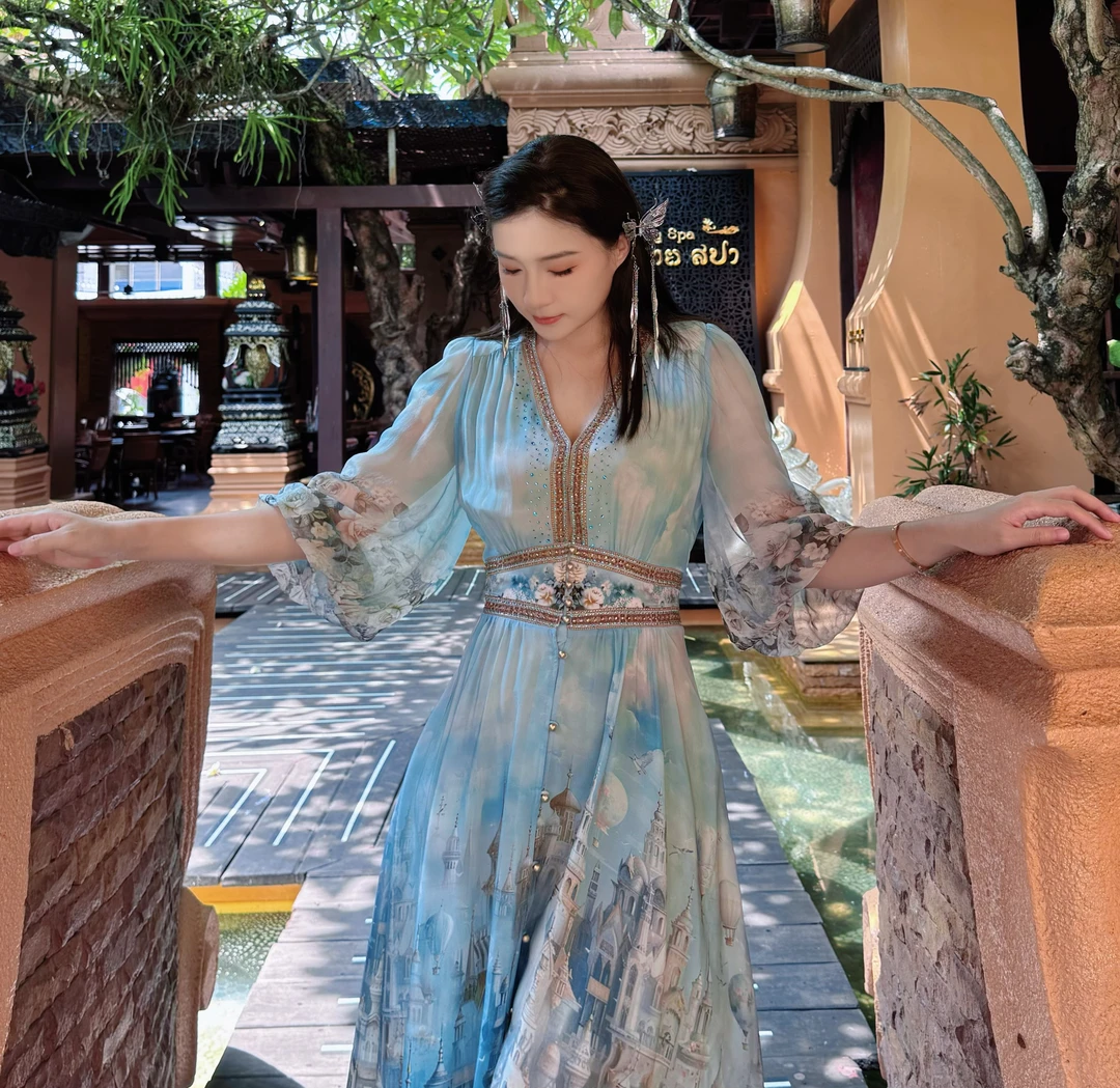 【高定梦幻城堡-瑶瑶】重磅显瘦气质仙气100桑蚕丝连衣裙HFMG010