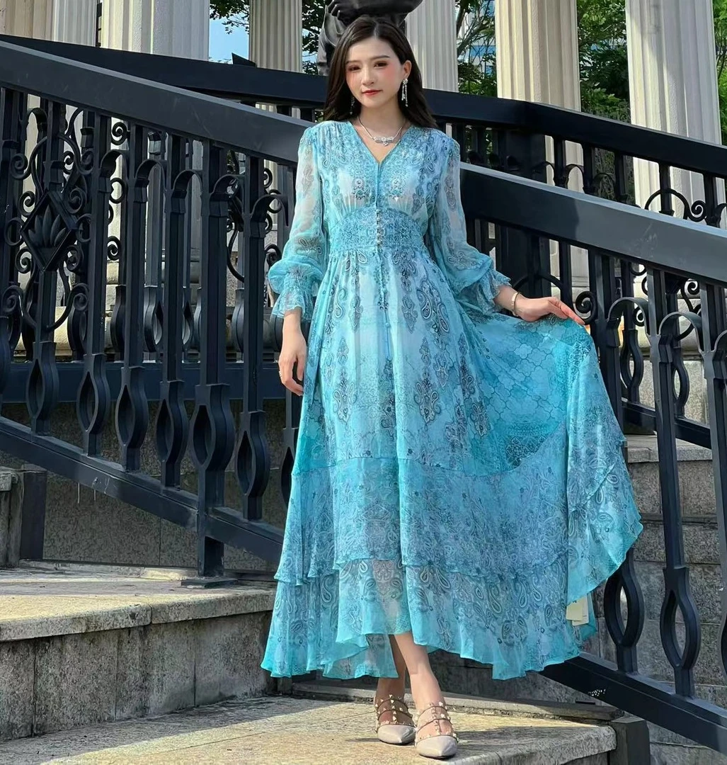 【瑶瑶-晶莹剔透-高端系列】重磅真丝女装连衣裙蓝色HFT1A-03-9