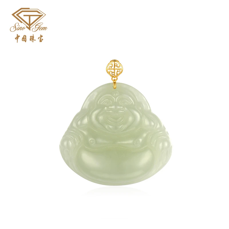 【中国珠宝】笑口常开18K镶和田玉吊坠轻奢气质时尚百搭送礼#40589