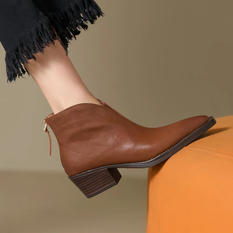 RA跟高4.5CM|34-41|秋冬加绒真皮复古粗跟靴子短靴牛皮女靴5513