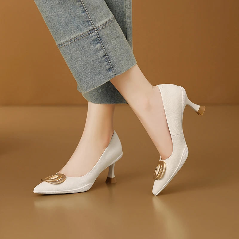 邓老板爱马士牛皮2025新款气质百搭白色尖头舒适浅口职业单鞋509