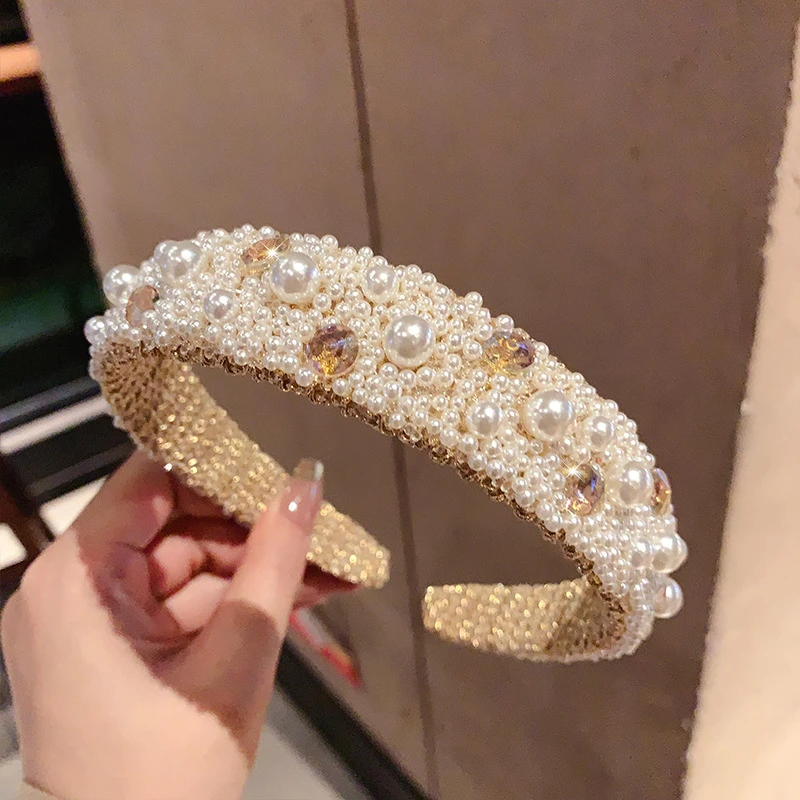 法式复古高级感设计重工水晶珍珠头箍发箍高颅顶发卡时尚百搭发饰