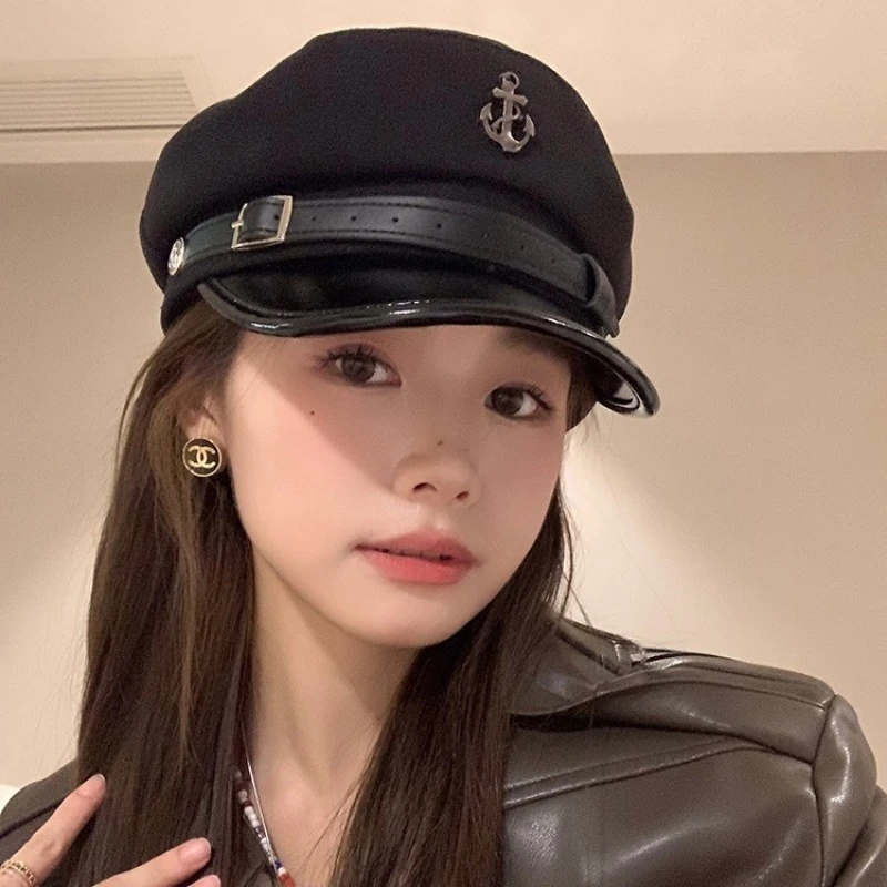 英伦风气质贝雷帽女秋冬款PU皮檐百搭海军帽美式复古显脸小画家帽