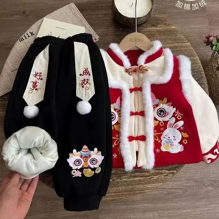女童冬季拜年服套装中国风唐装加绒加厚新款年服宝宝喜庆新年衣服