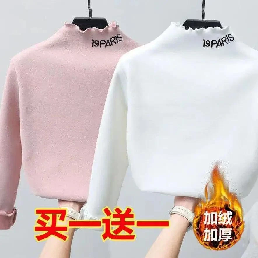 女童加厚一体绒打底衫秋冬新款绣花中大童保暖德绒半高领T恤上衣